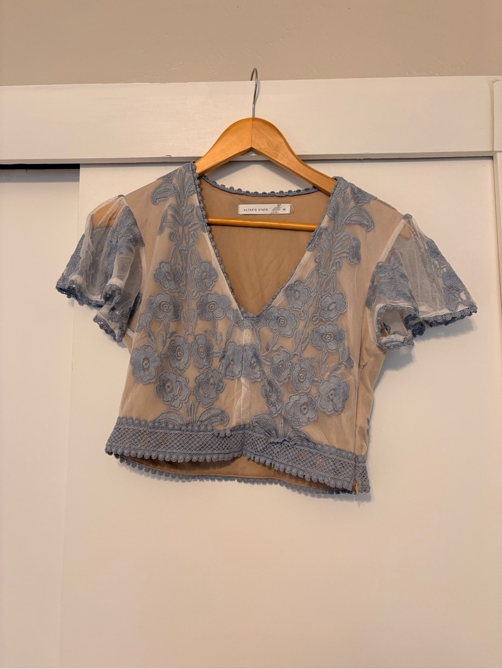Altar'd State Blue Floral Embroidered Sheer Crop Top